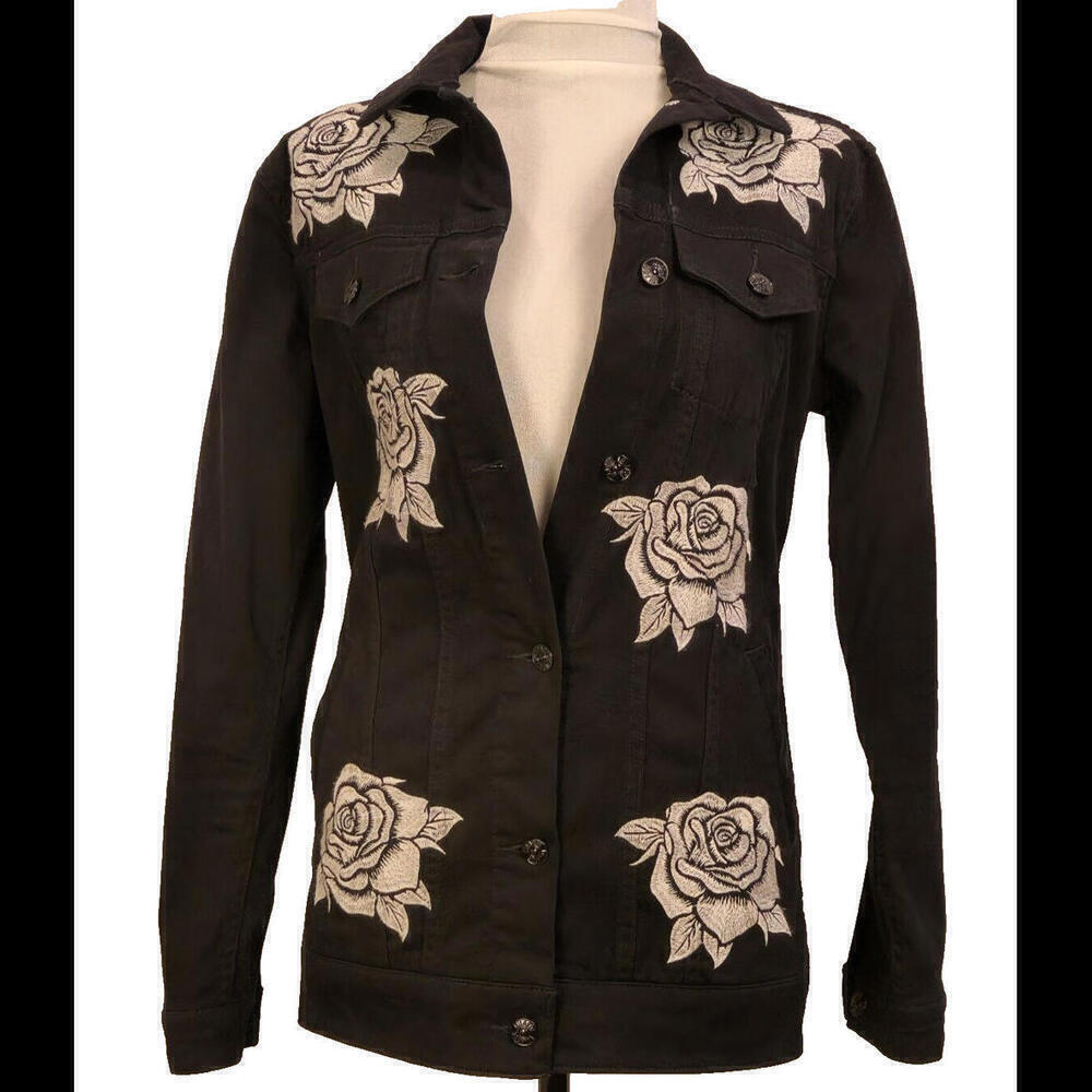 LuLaRoe Size XS Black Jaxon Jacket Embroidered White Roses - Picture 3 of 7